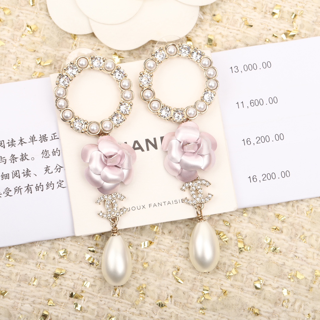 CCE873 23C camellia with cc logo pearl drop earring - ccjewelryacc