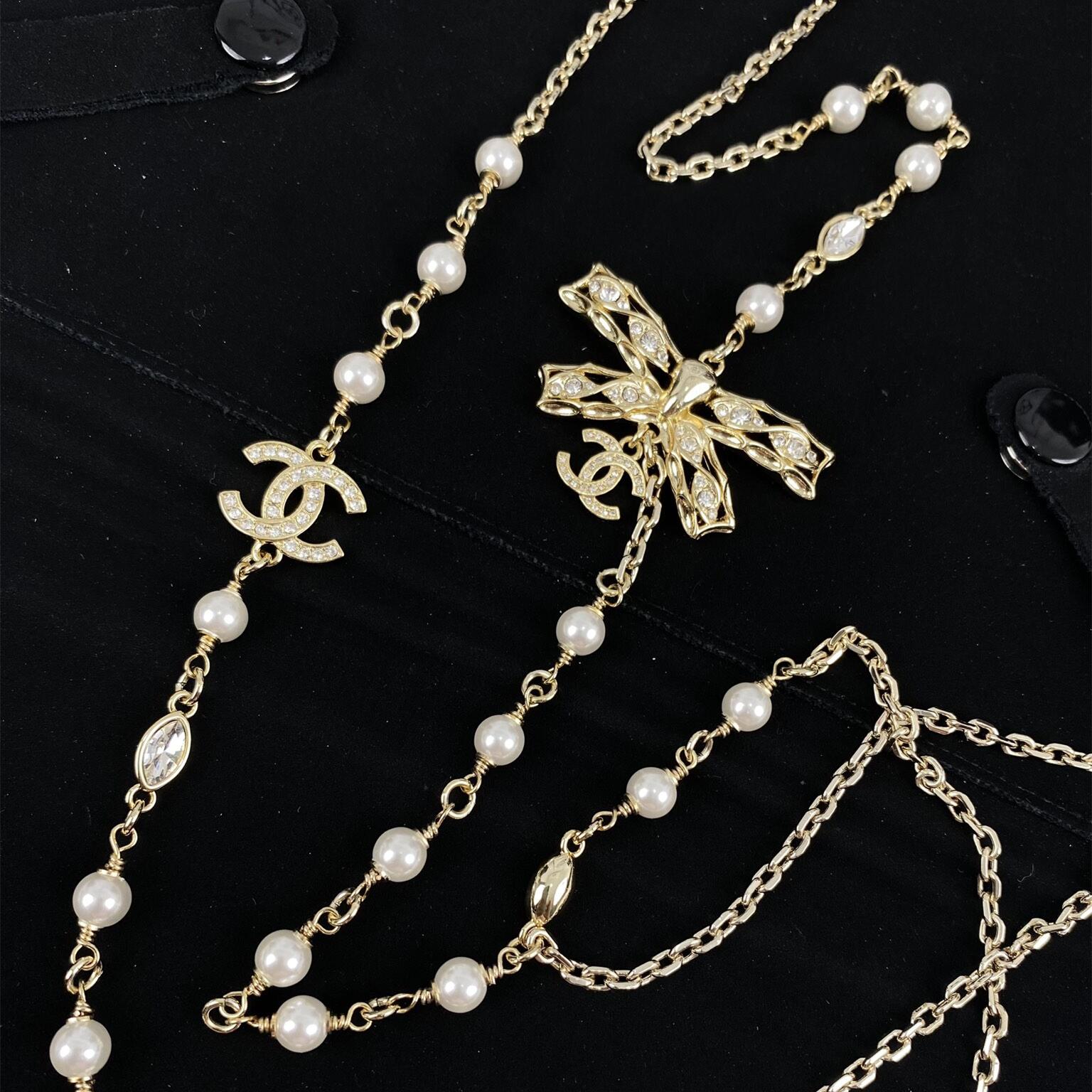 CCL081 Coco gold bow long chain with cc logo sweater necklace - ccjewelryacc