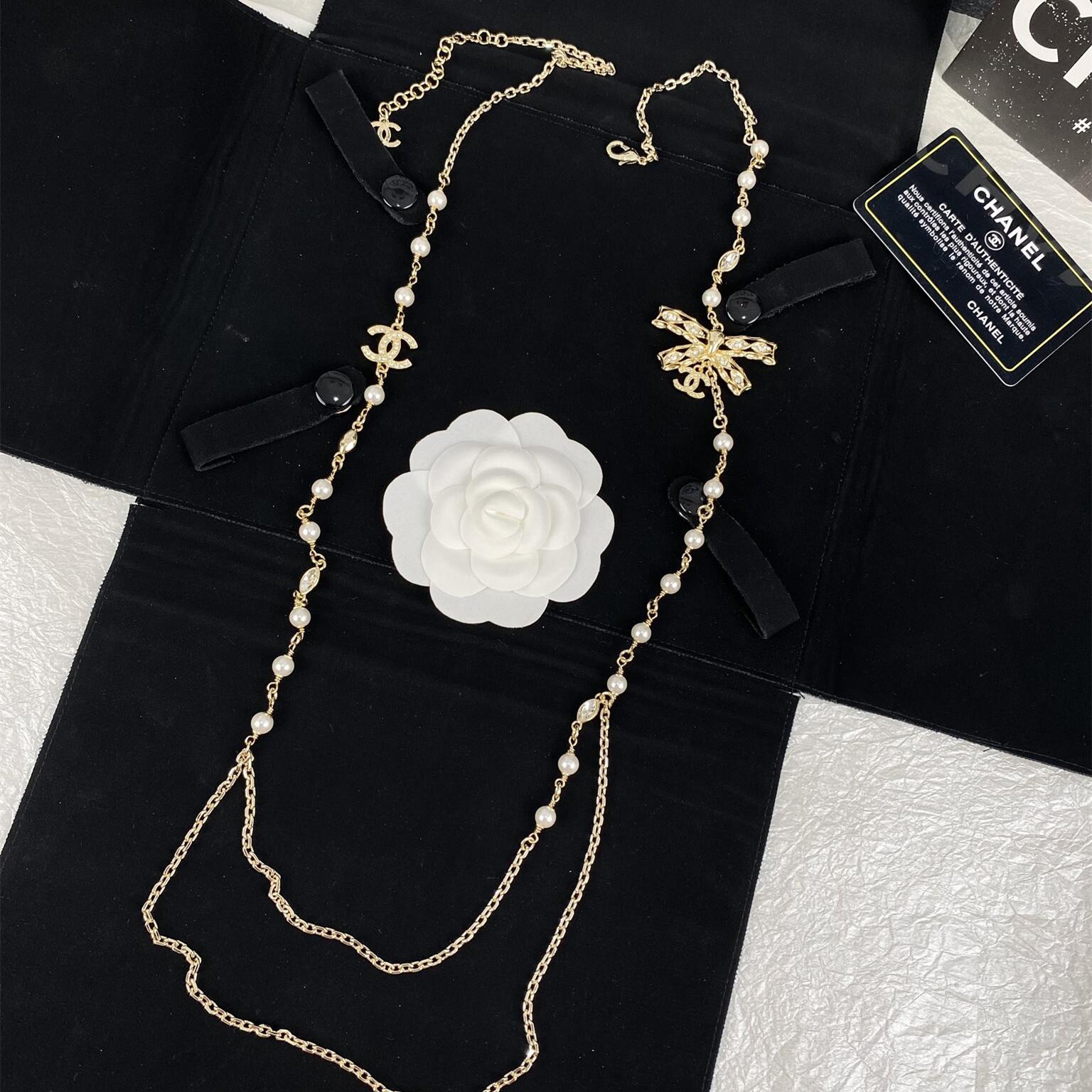 CCL081 Coco gold bow long chain with cc logo sweater necklace - ccjewelryacc