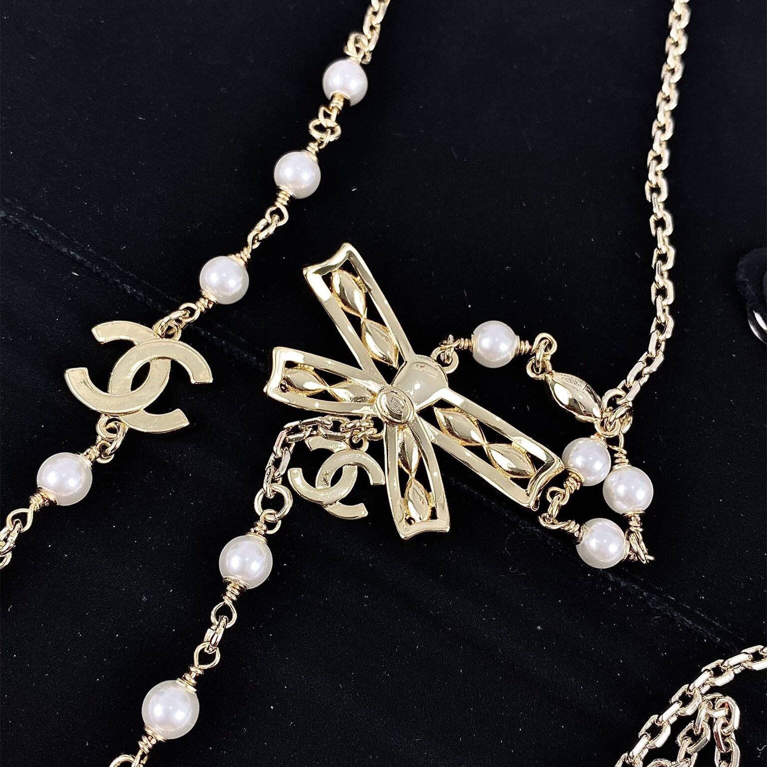 CCL081 Coco gold bow long chain with cc logo sweater necklace - ccjewelryacc