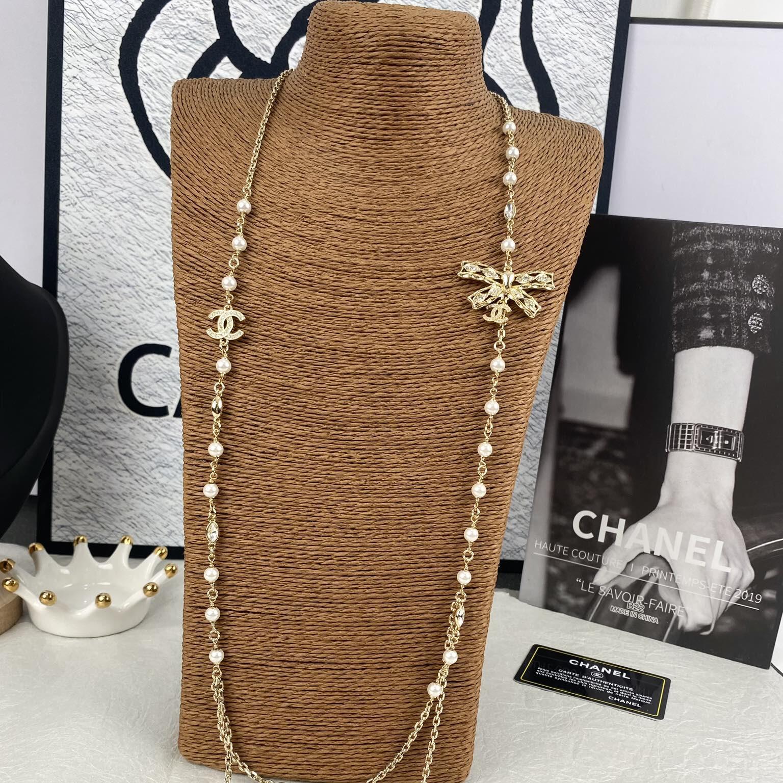 CCL081 Coco gold bow long chain with cc logo sweater necklace - ccjewelryacc