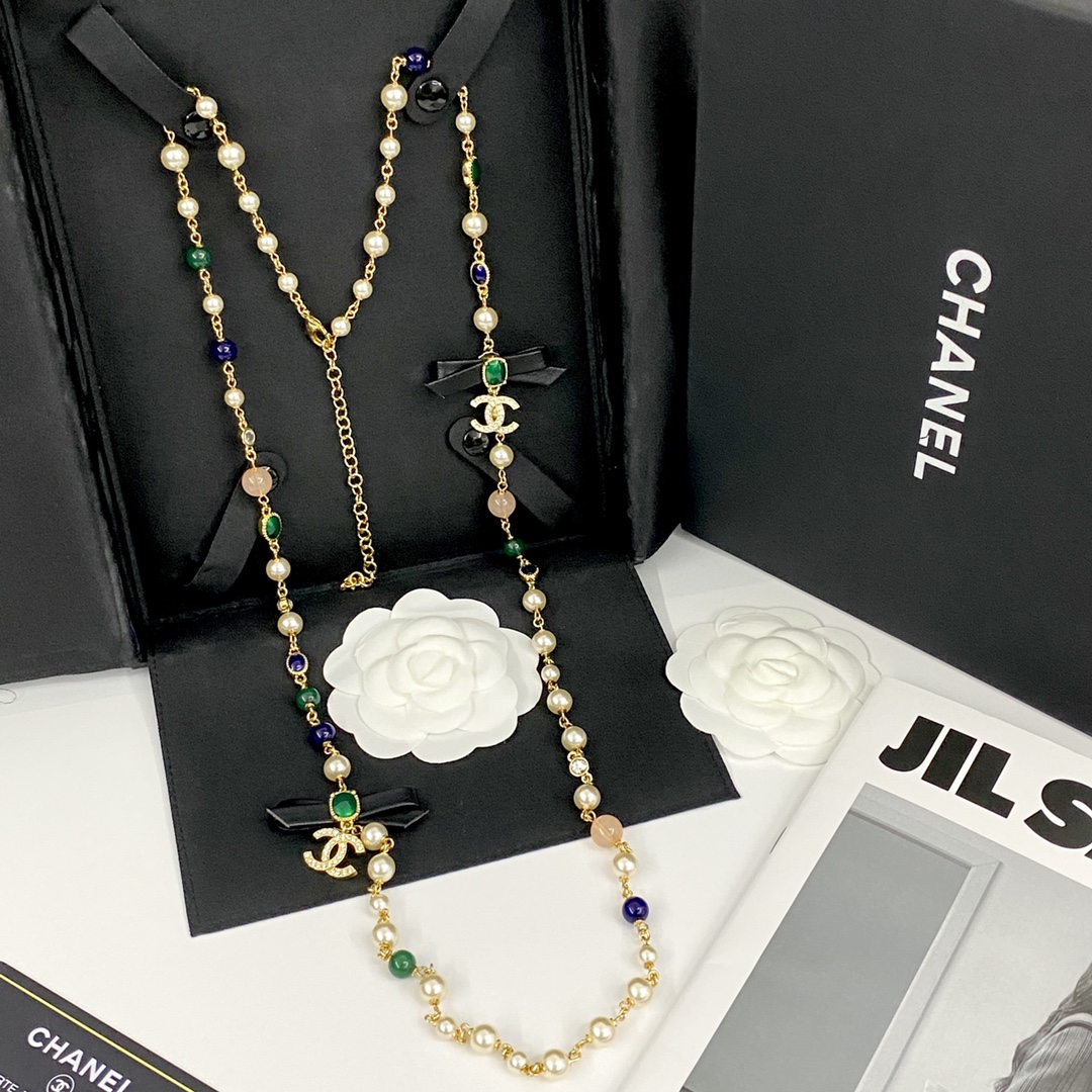 CCL083 24B Leater bow green pearls cc logo long necklace - ccjewelryacc
