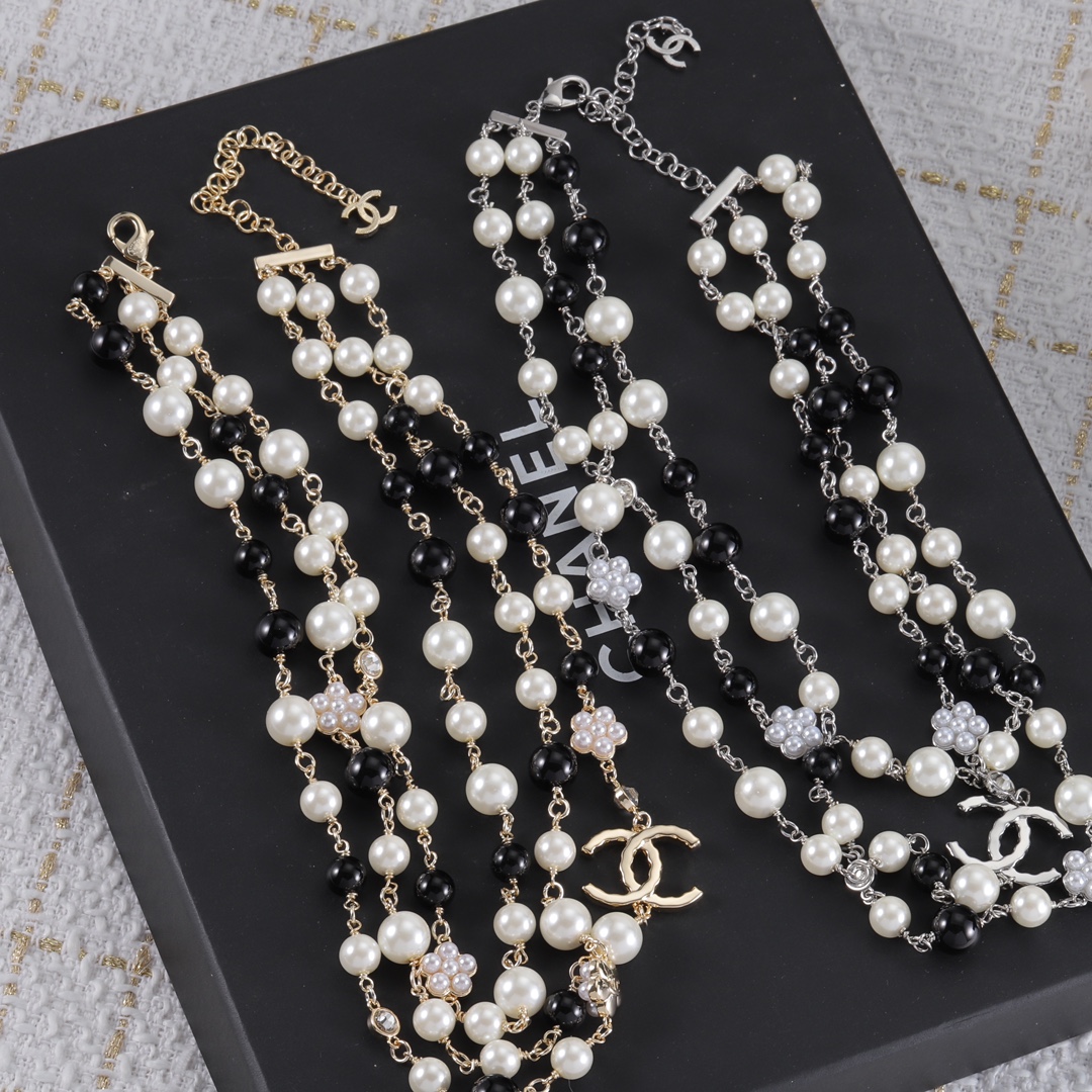 CCN554 3 layer pearl chain flower cc logo choker necklace - ccjewelryacc