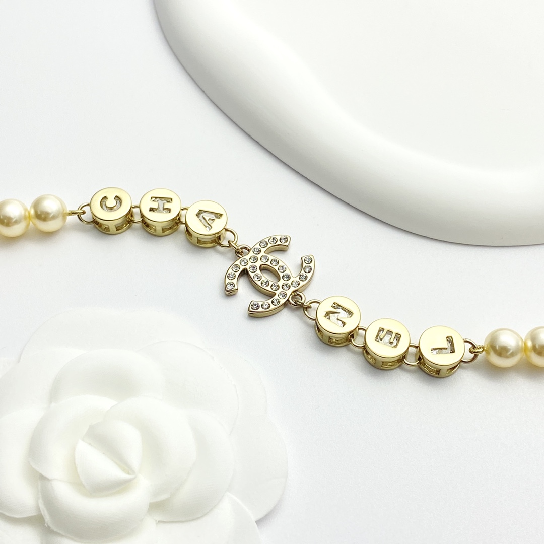 CCN551 24B Rhinestone cc logo pearl choker necklace - ccjewelryacc