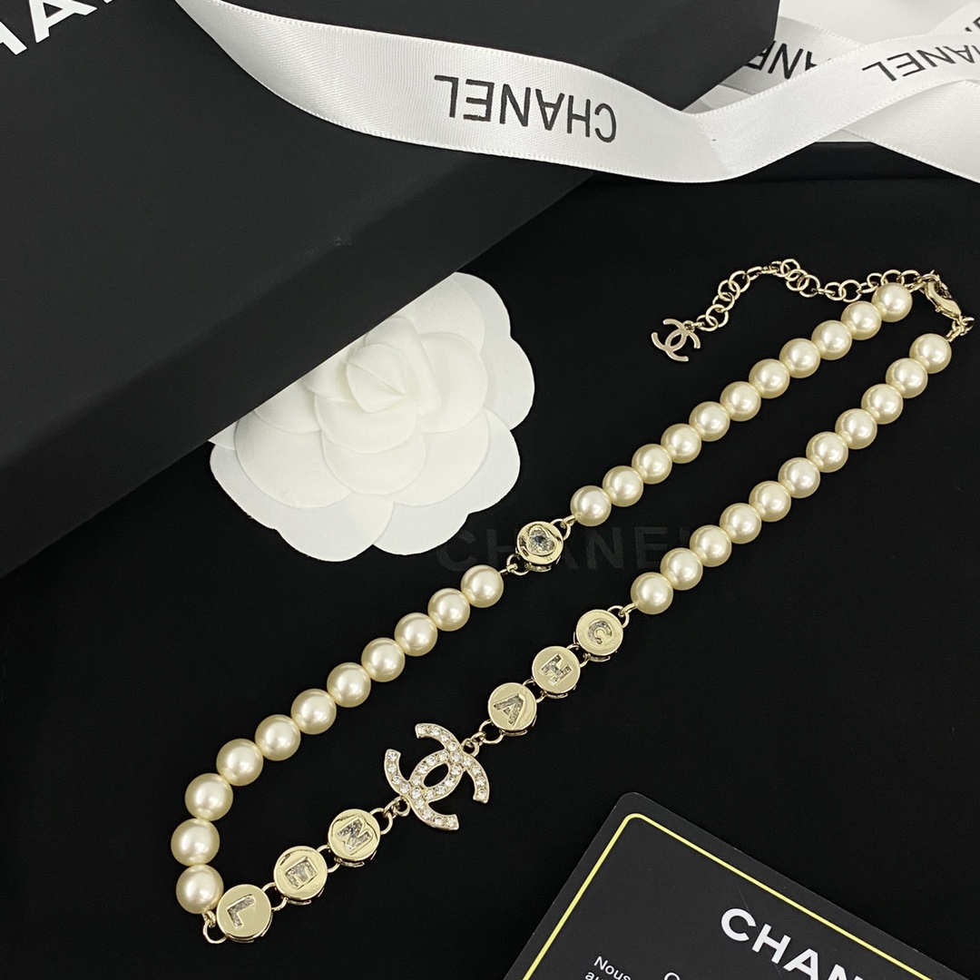 CCN551 24B Rhinestone cc logo pearl choker necklace - ccjewelryacc