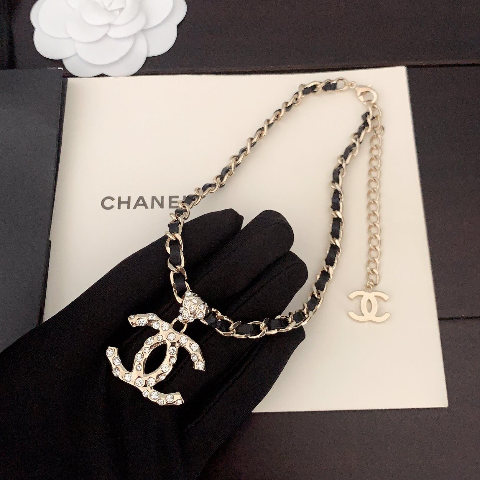 CCN544 24B metal leater chain crystal  cc logo pendant Necklace - ccjewelryacc