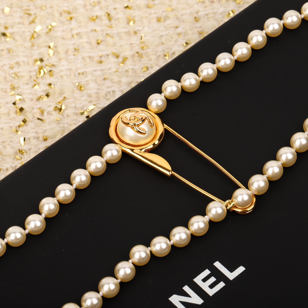 CCN534 CC Pearl chain with safety pin long tassels necklace - ccjewelryacc