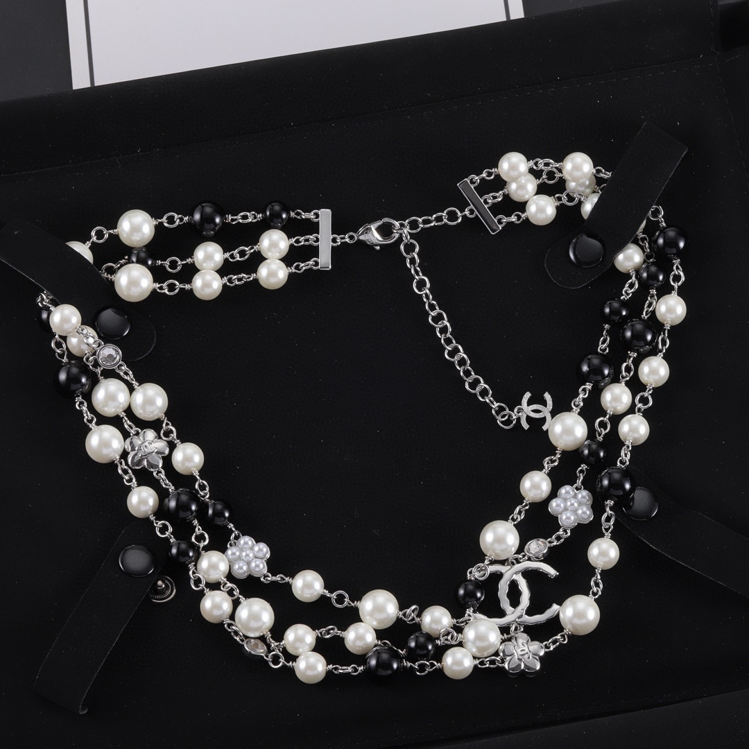 CCN554 3 layer pearl chain flower cc logo choker necklace - ccjewelryacc
