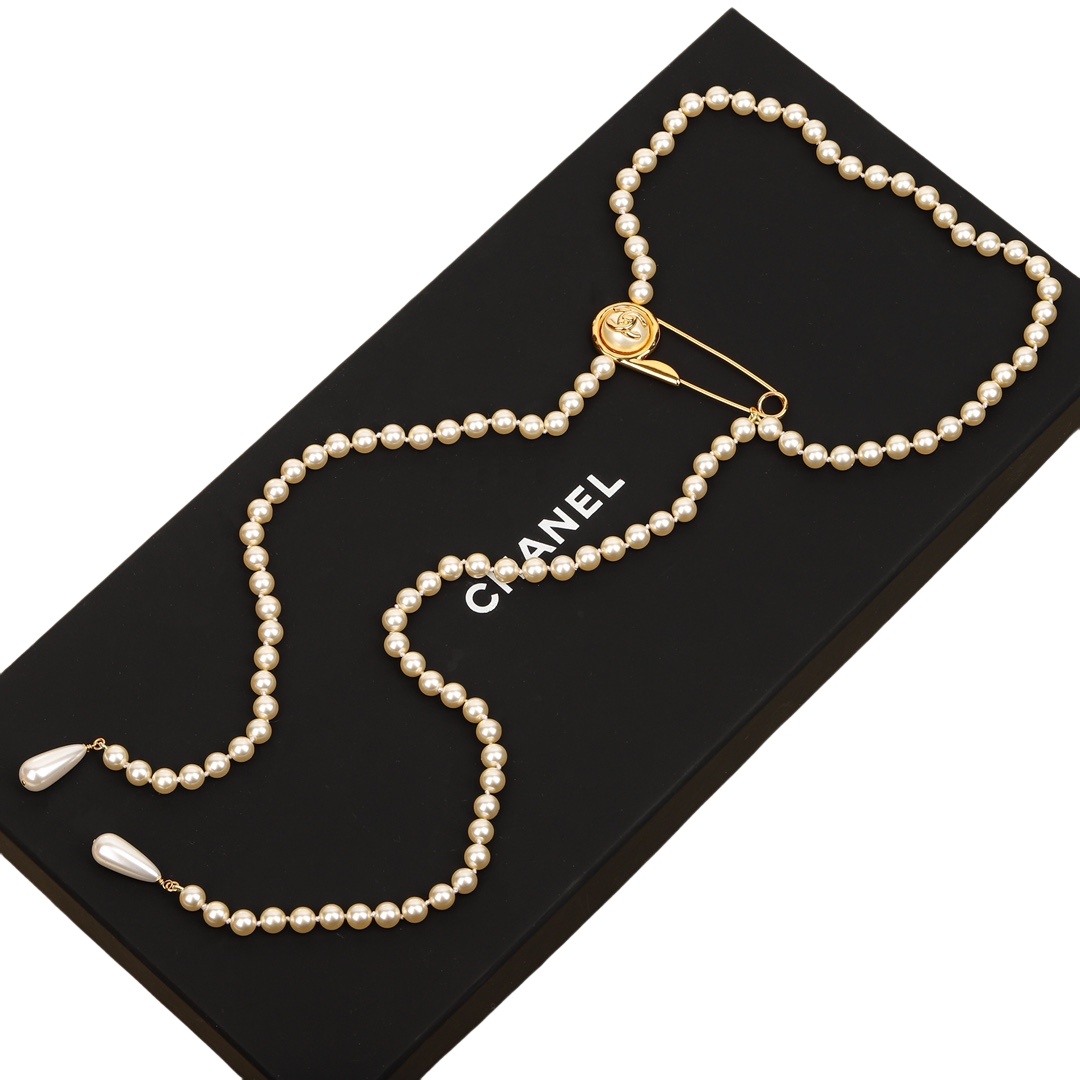 CCN534 CC Pearl chain with safety pin long tassels necklace - ccfashionjewelry