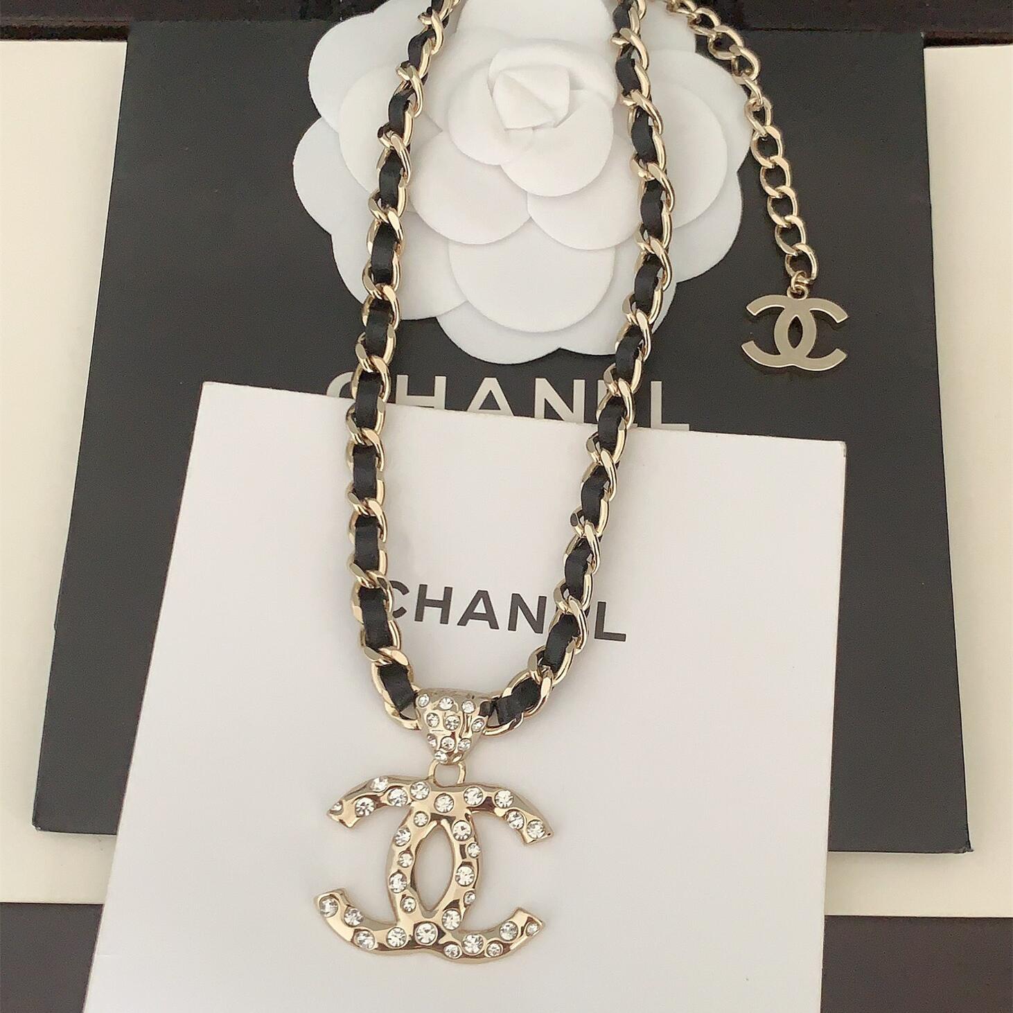 CCN544 24B metal leater chain crystal  cc logo pendant Necklace - ccjewelryacc