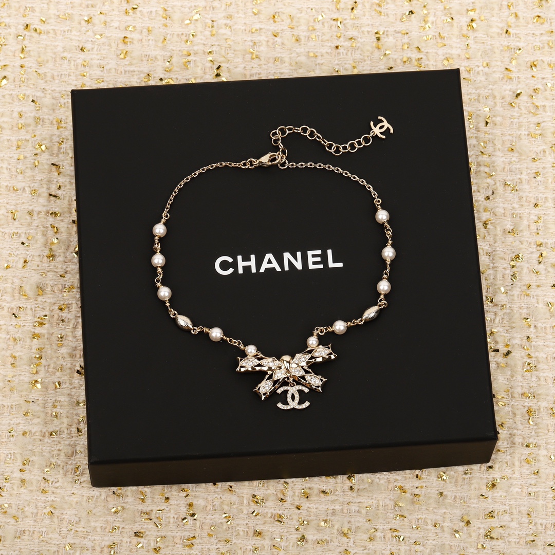 CCN547 24B metal Gold bow cc logo choker necklace - ccfashionjewelry