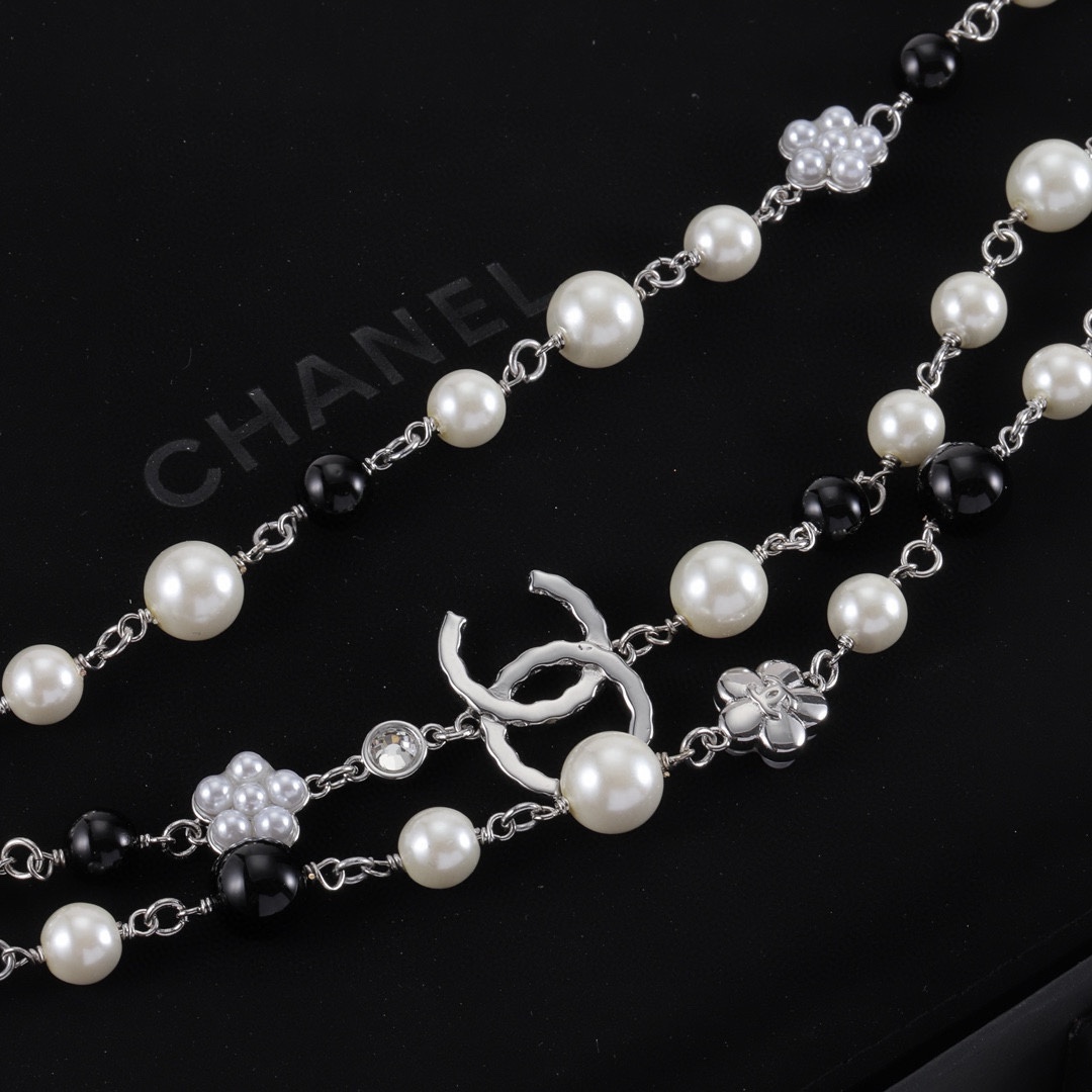 CCN554 3 layer pearl chain flower cc logo choker necklace - ccjewelryacc