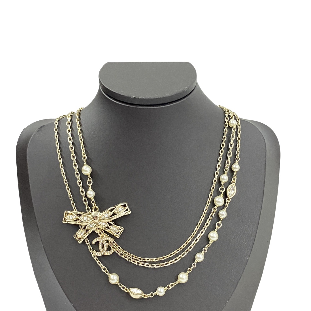 CCN555 3 layer Metal chain bow cc logo choker necklace - ccjewelryacc