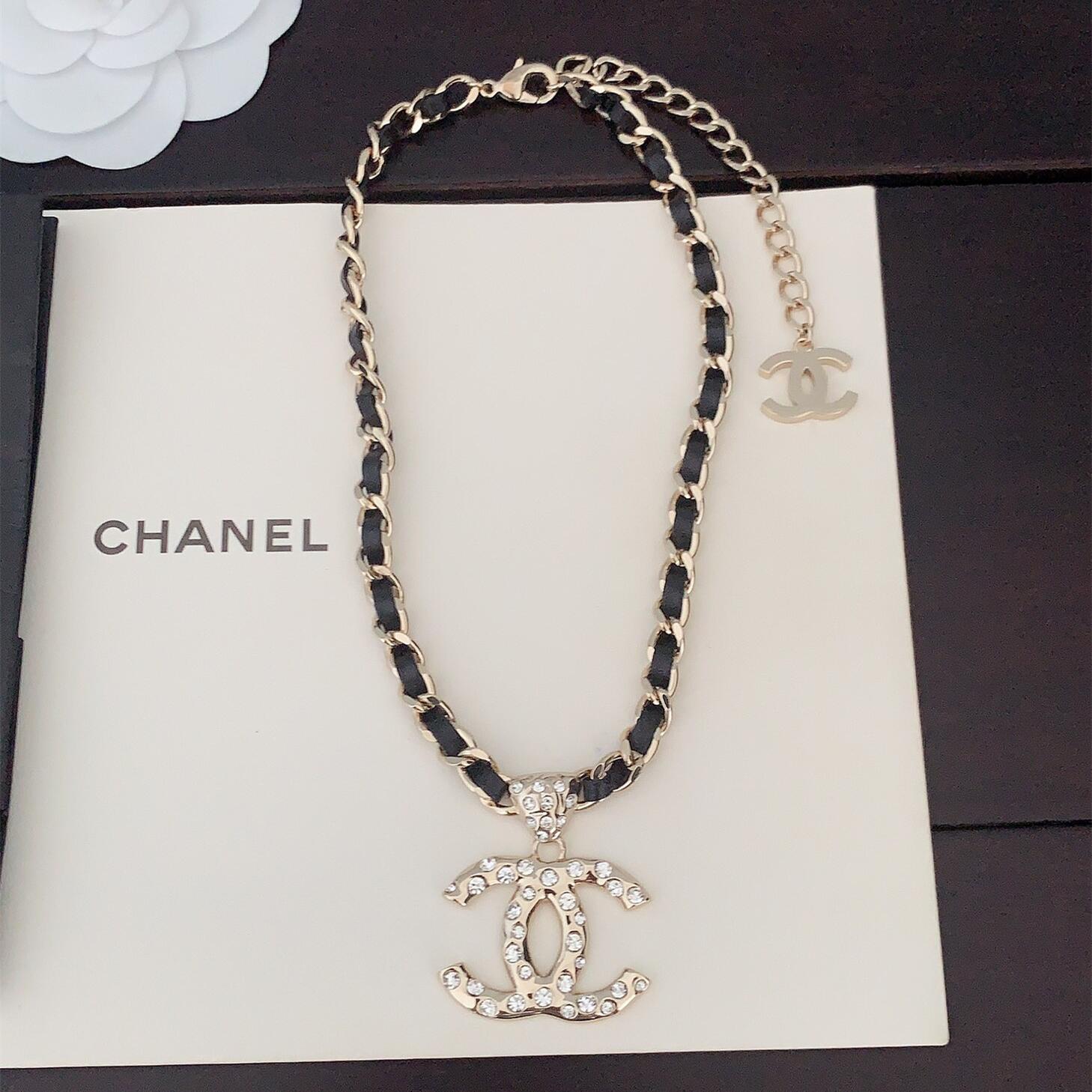 CCN544 24B metal leater chain crystal  cc logo pendant Necklace - ccjewelryacc