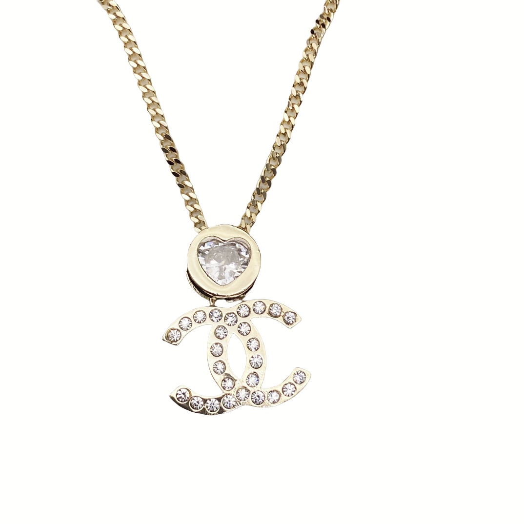 CCN553 24B Metal chain Heart Rhinestone cc logo pendant necklace - ccjewelryacc