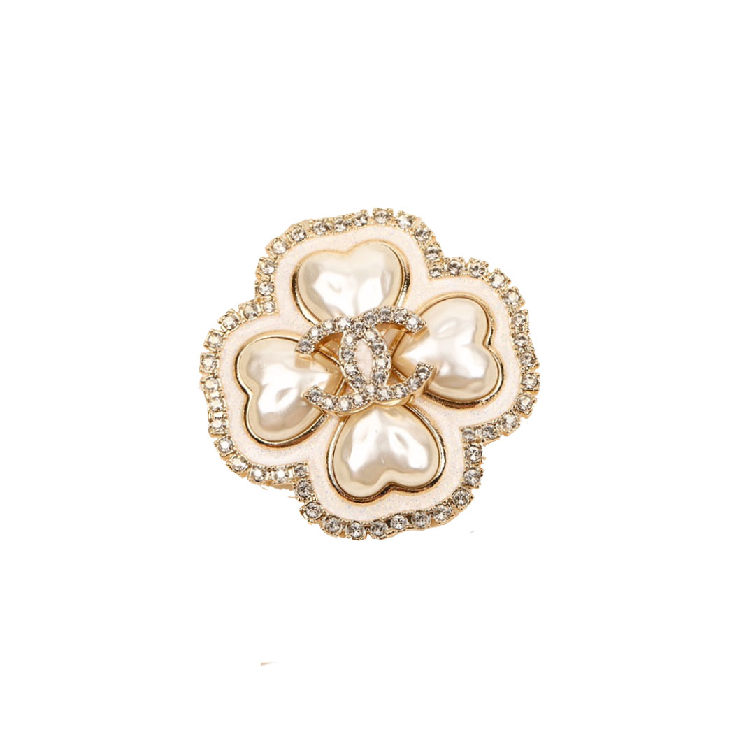 BCB447 24A Pearl crystal Heart Four Leaf Clover Brooch pin - ccfashionjewelry