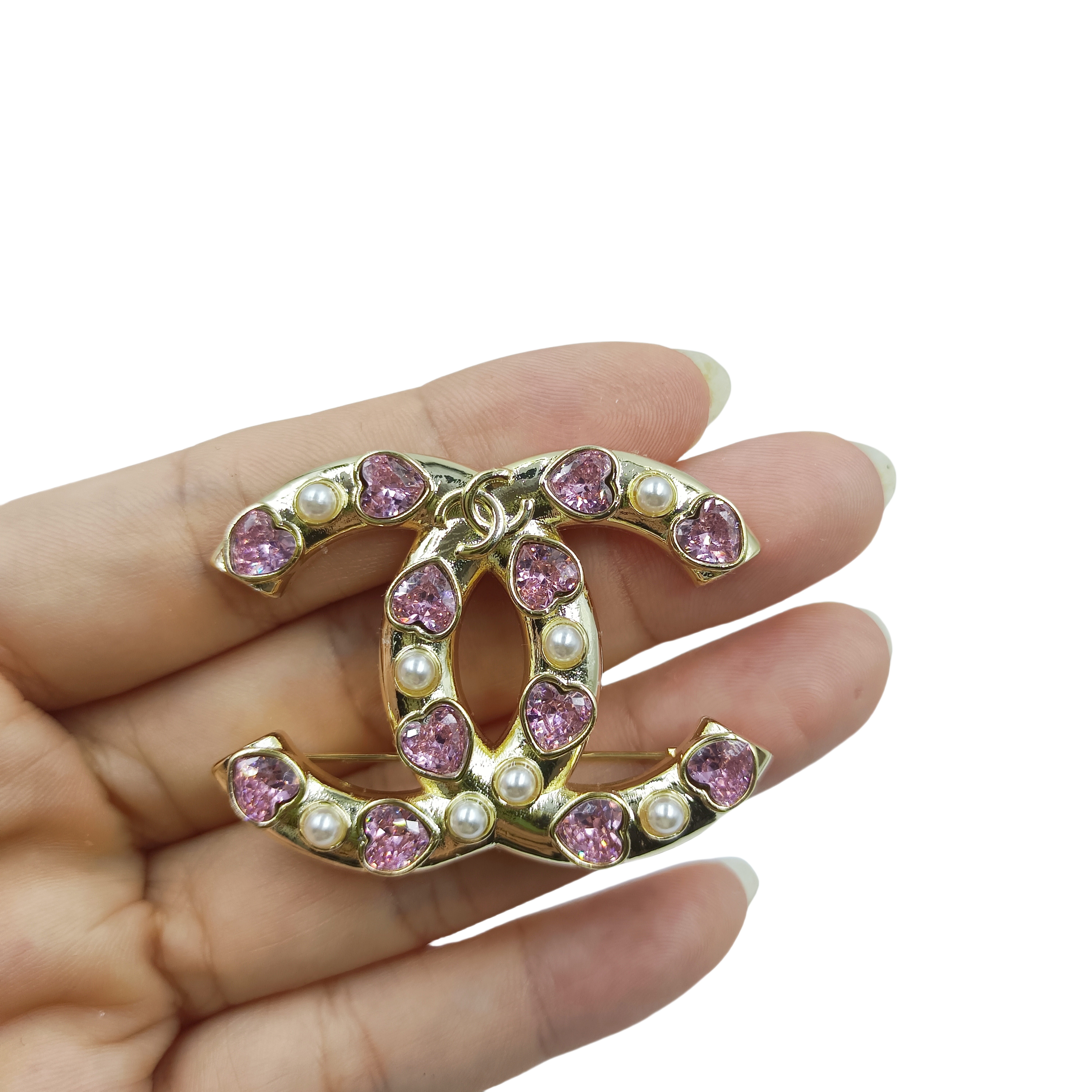 BCB169 Pink heart rhinestone CC logo brooch pin - ccfashionjewelry