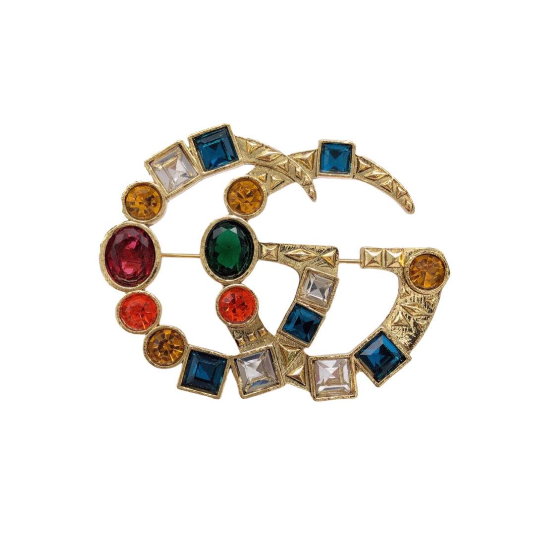 GGB014 Coloured gemstone GG Logo brooch pin - ccjewelryacc
