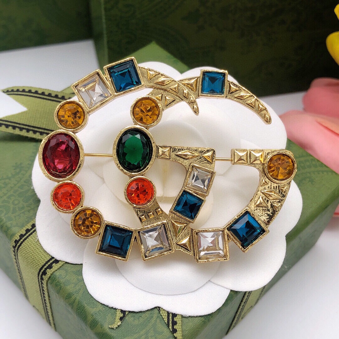 GGB014 Coloured gemstone GG Logo brooch pin - ccjewelryacc