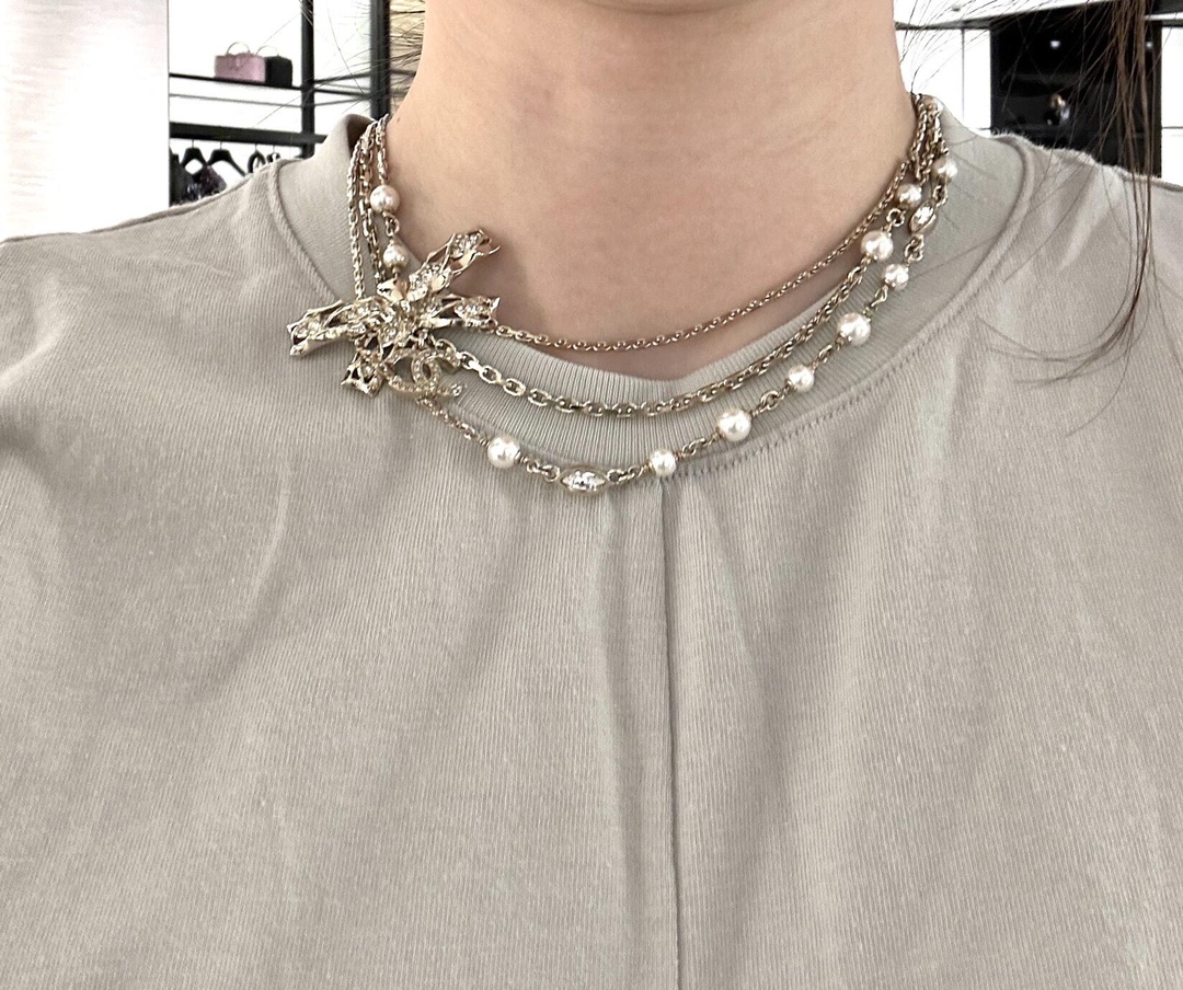 CCN555 3 layer Metal chain bow cc logo choker necklace - ccjewelryacc