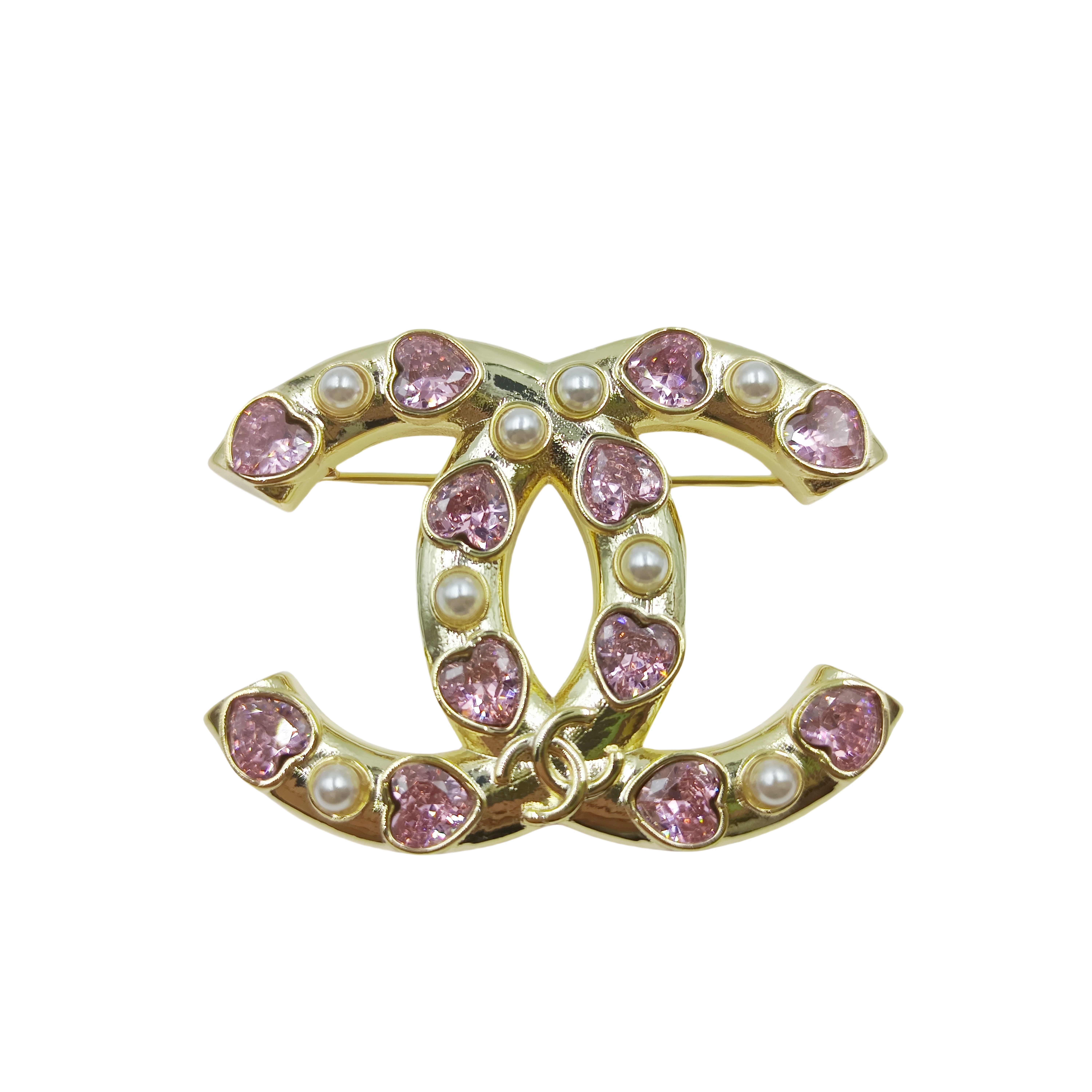 BCB169 Pink heart rhinestone CC logo brooch pin - ccfashionjewelry