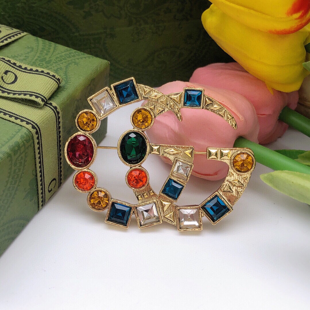 GGB014 Coloured gemstone GG Logo brooch pin - ccjewelryacc