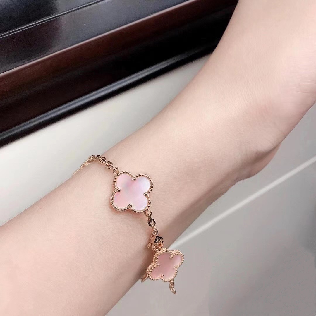 VCS003 Pink mother of pearl vintage alhambra Bracelet 5 motifs - ccjewelryacc