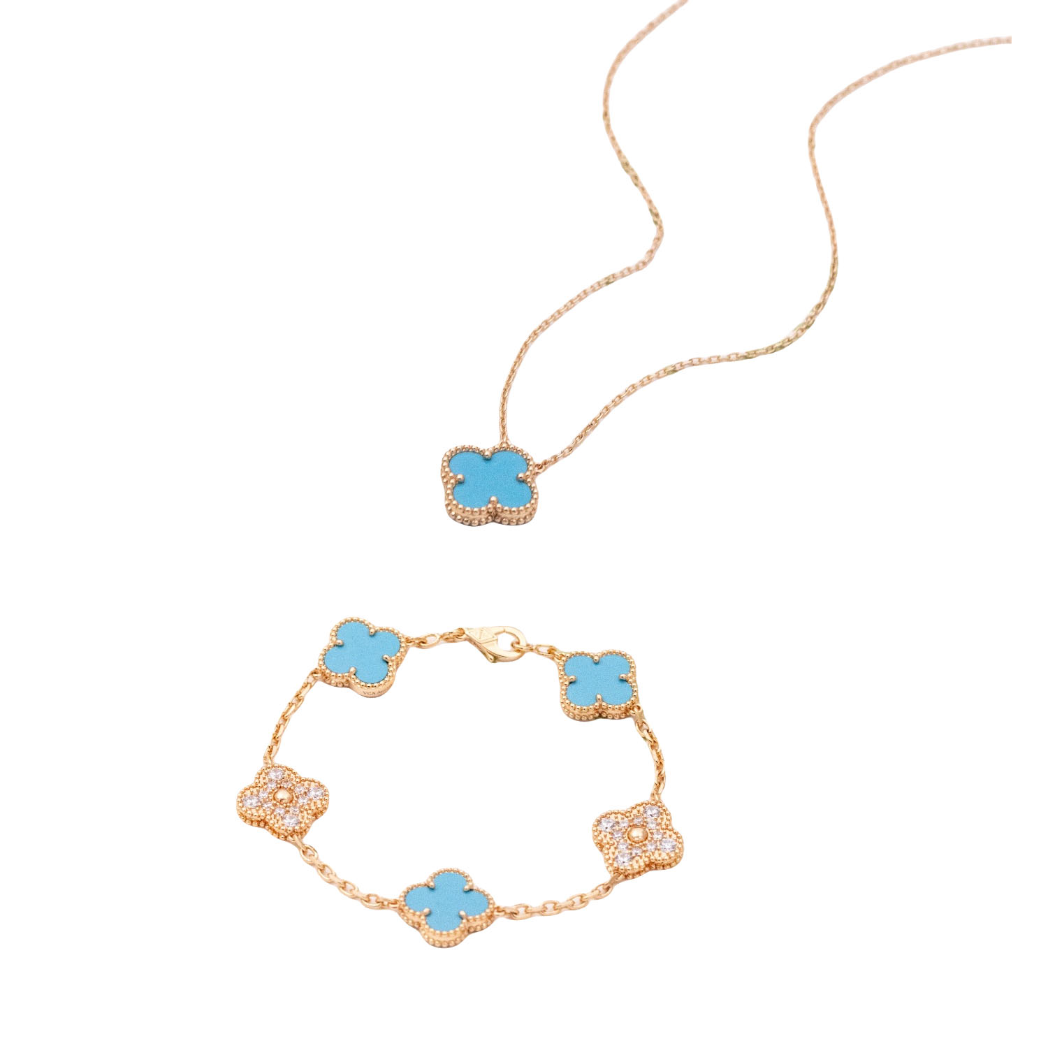 VCSV001 18k gold vintage alhambra bracelet 5 motif and necklace - ccjewelryacc