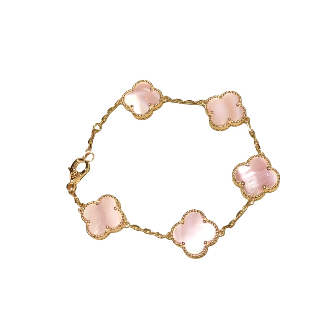 VCS003 Pink mother of pearl vintage alhambra Bracelet 5 motifs - ccjewelryacc