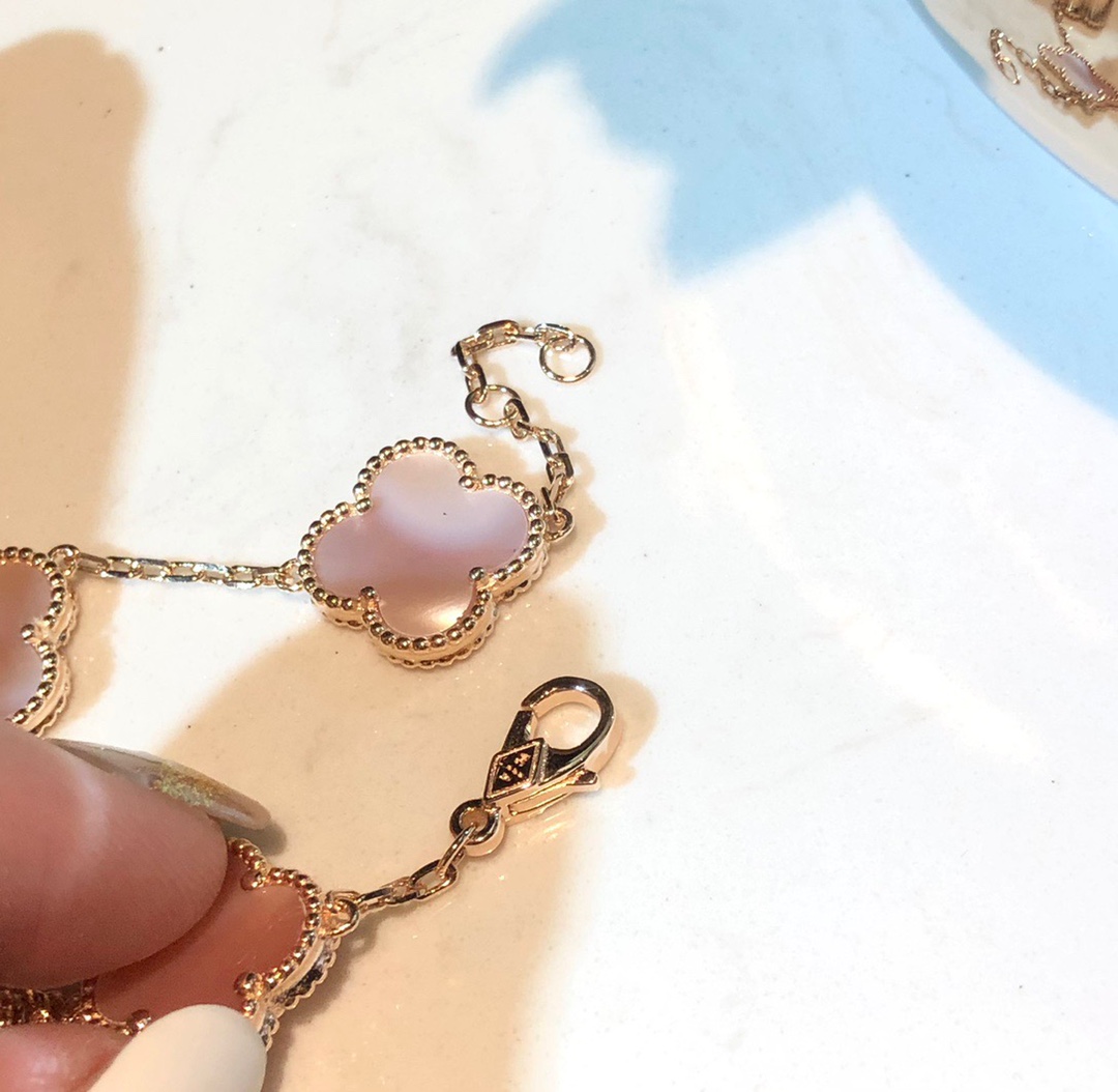 VCS003 Pink mother of pearl vintage alhambra Bracelet 5 motifs - ccjewelryacc