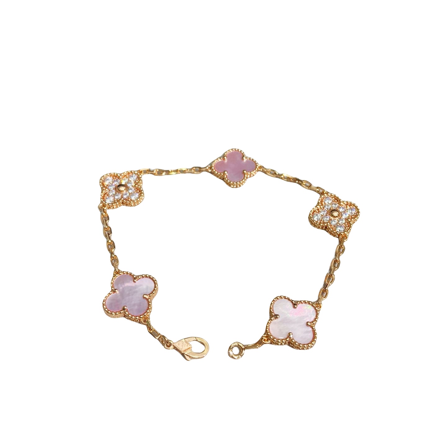 VCS003 Pink mother of pearl vintage alhambra Bracelet 5 motifs - ccjewelryacc