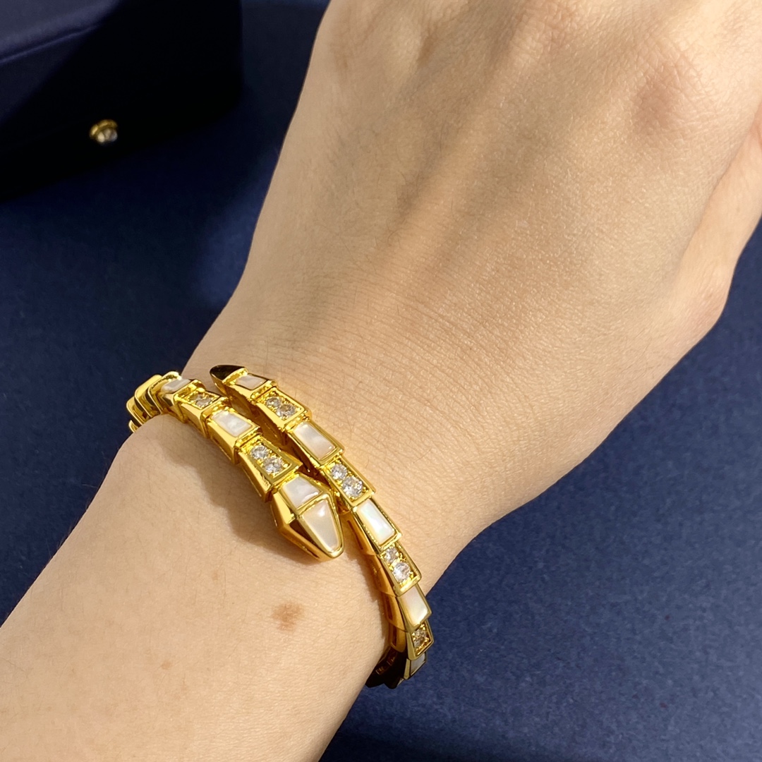 BGS010 Mother of pearl and diamond Serpenti viper bangle bracelet - ccjewelryacc