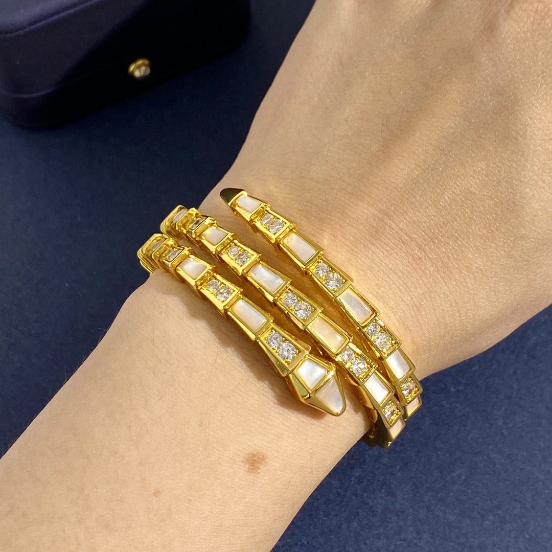 BGS011 Mother of pearl and diamond Serpenti viper bangle bracelet - ccjewelryacc