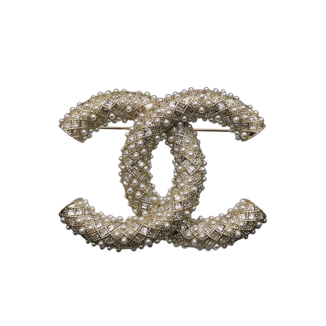 BCB048 Pearl Crystal Enamel CC Brooch Black Gold - ccfashionjewelry
