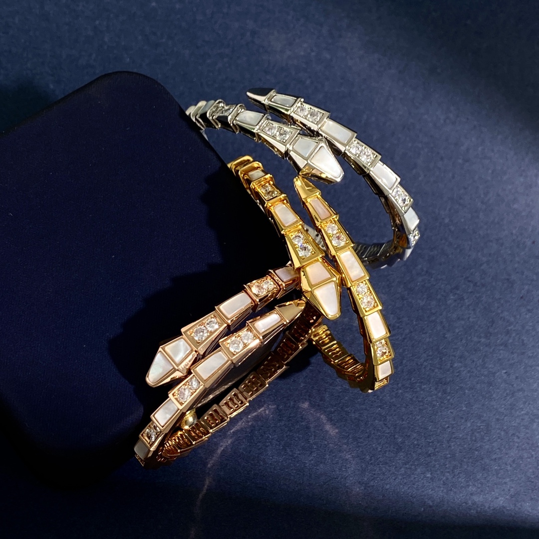 BGS010 Mother of pearl and diamond Serpenti viper bangle bracelet - ccjewelryacc