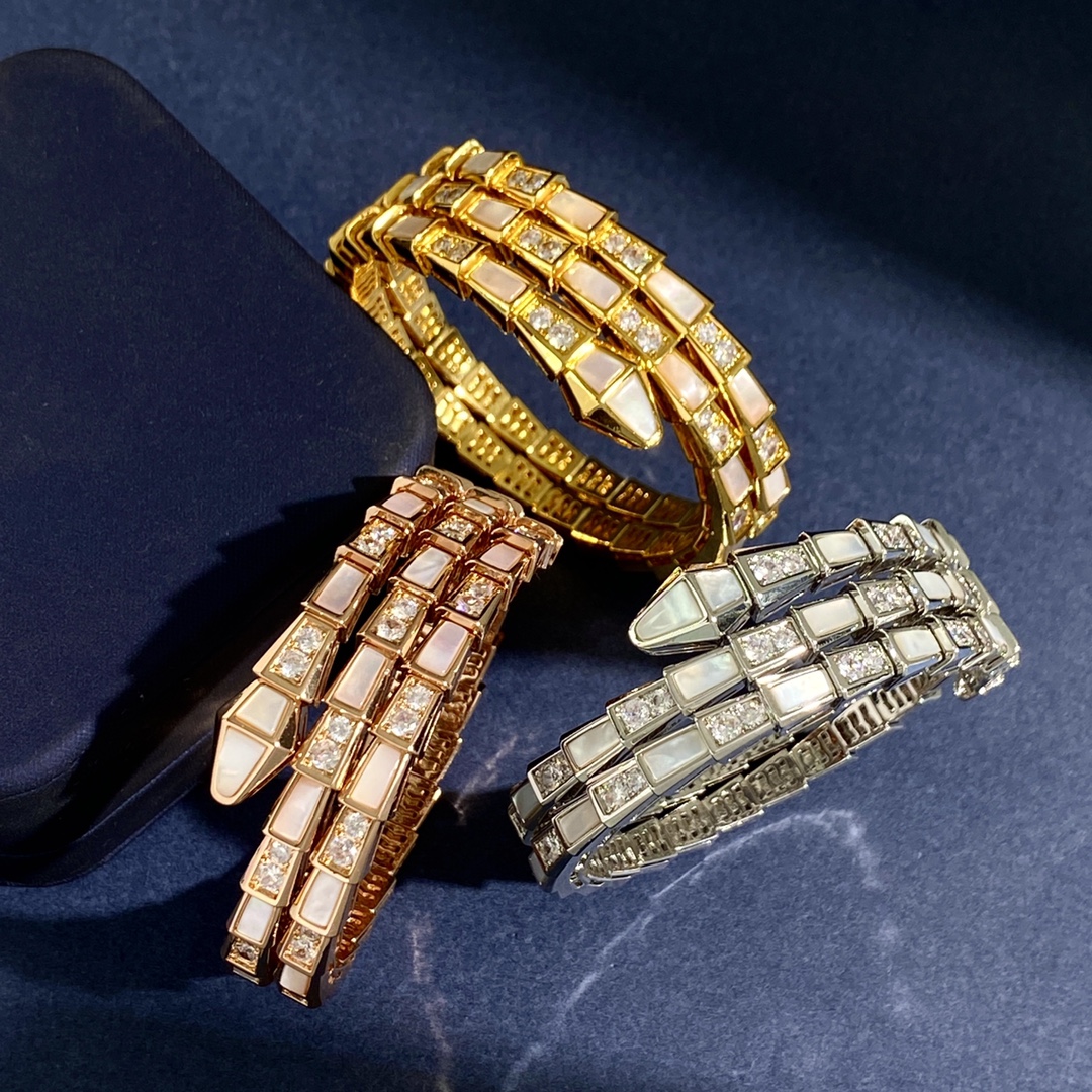 BGS011 Mother of pearl and diamond Serpenti viper bangle bracelet - ccjewelryacc