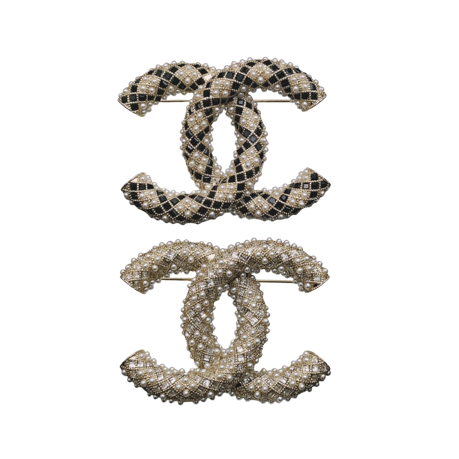 BCB048 Pearl Crystal Enamel CC Brooch Black Gold - ccfashionjewelry