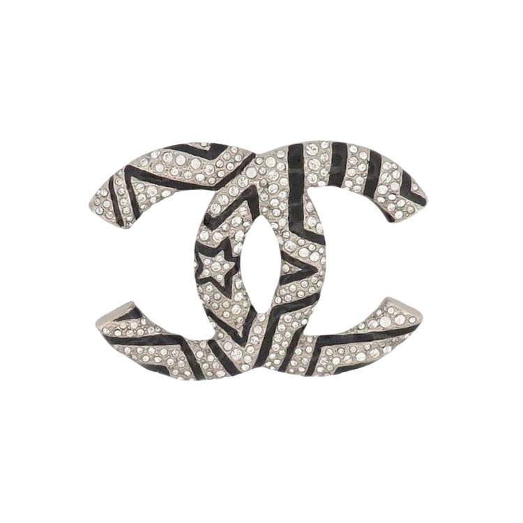 BCB050 Double C interlocking enamel black star and crystal brooch pin - ccjewelryacc