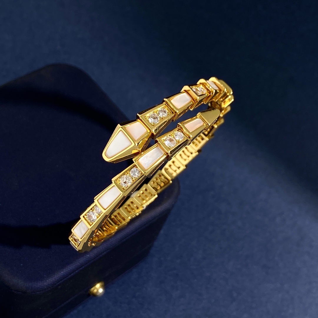 BGS010 Mother of pearl and diamond Serpenti viper bangle bracelet - ccjewelryacc