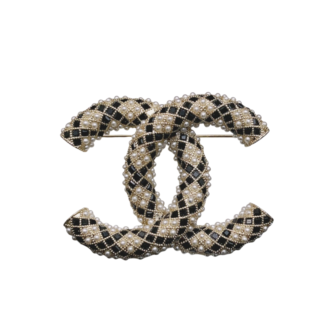 BCB048 Pearl Crystal Enamel CC Brooch Black Gold - ccjewelryacc