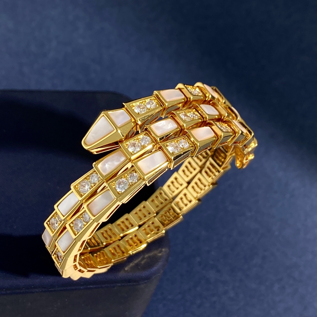 BGS011 Mother of pearl and diamond Serpenti viper bangle bracelet - ccjewelryacc