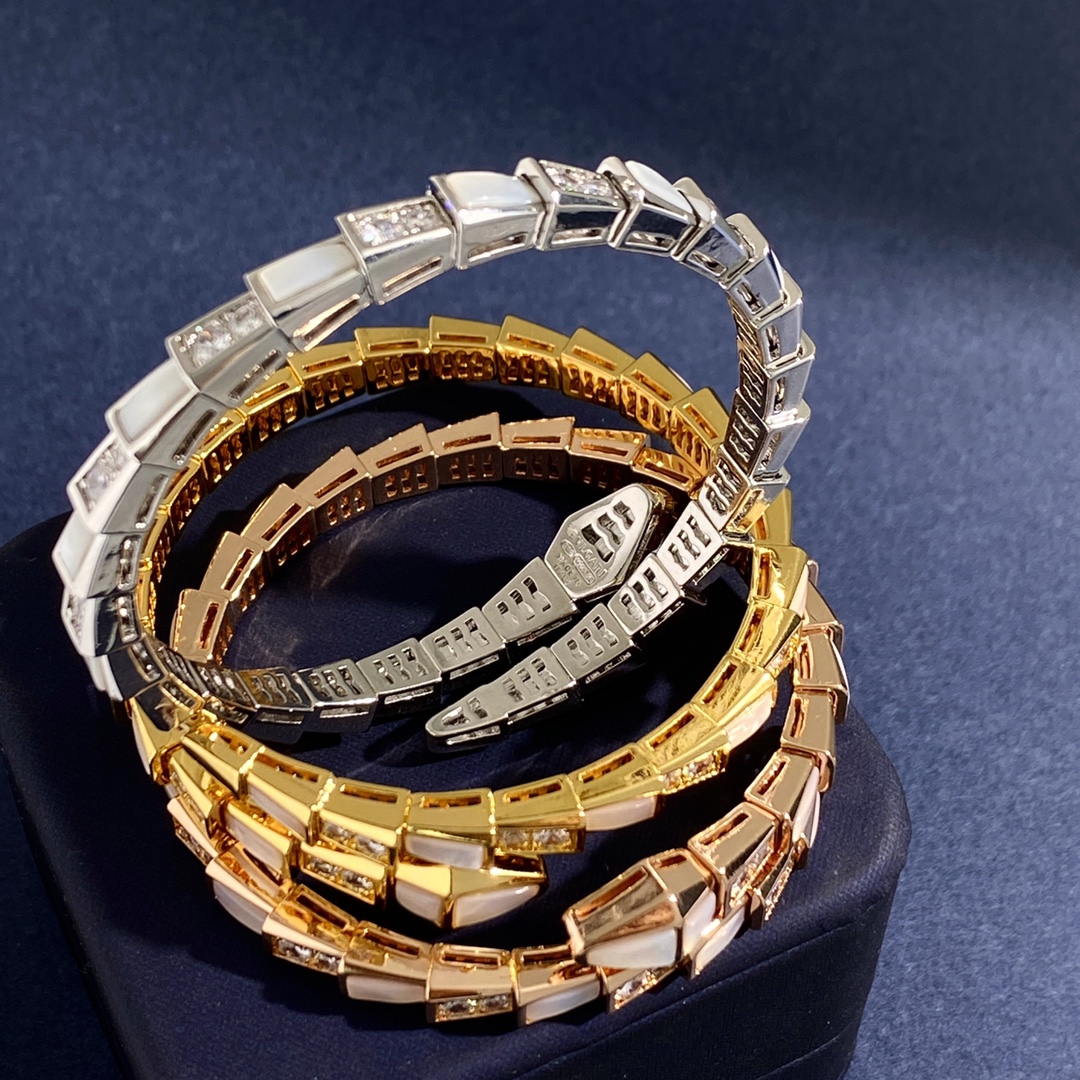 BGS010 Mother of pearl and diamond Serpenti viper bangle bracelet - ccjewelryacc