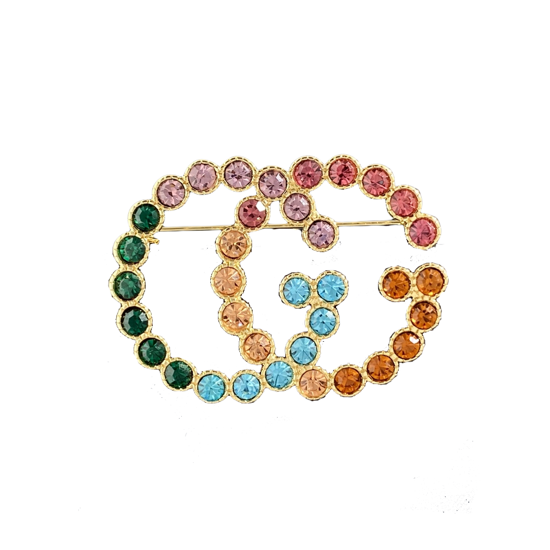 GGB013 GG LOGO Colorful Crystal brooch pin - ccjewelryacc