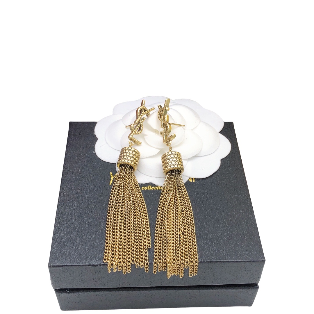 YYE006 loulou earrings with chain tassels in light gold-colored brass - ccjewelryacc
