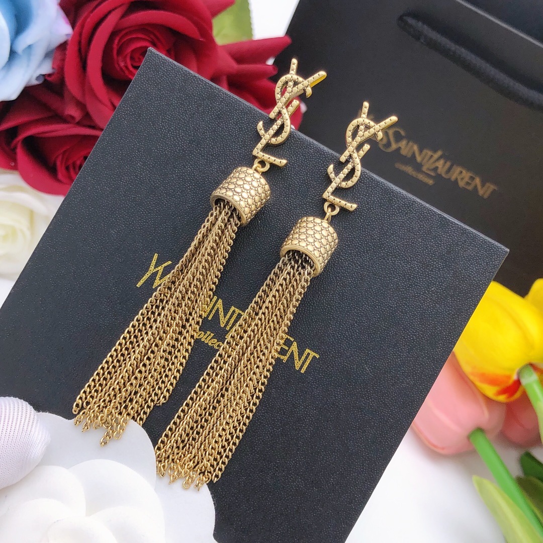 YYE006 loulou earrings with chain tassels in light gold-colored brass - ccjewelryacc