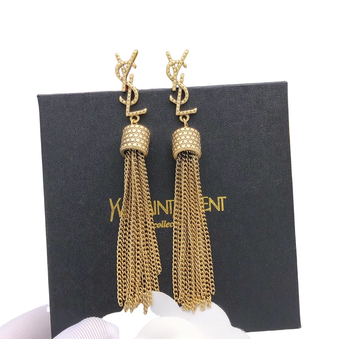 YYE006 loulou earrings with chain tassels in light gold-colored brass - ccjewelryacc