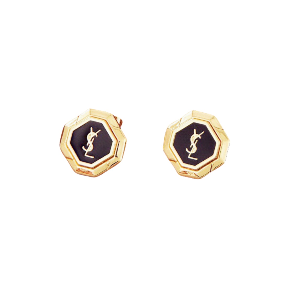 YYE070 YVES Octagonal Shaped Logo Earrings Black - ccjewelryacc