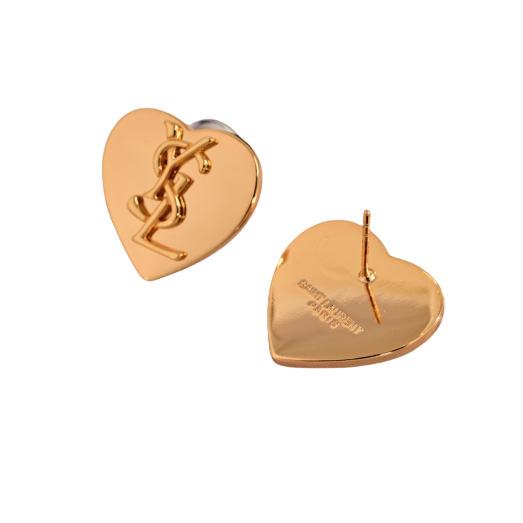 YYE038 YVES Vintage Gold Tone Heart Logo Stud Earrings - ccjewelryacc