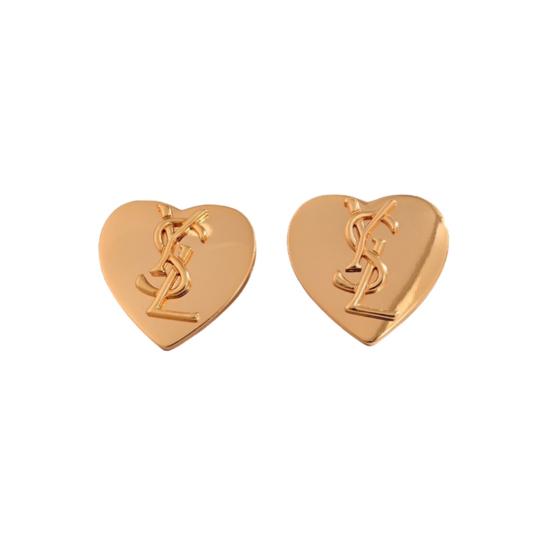 YYE038 YVES Vintage Gold Tone Heart Logo Stud Earrings - ccjewelryacc
