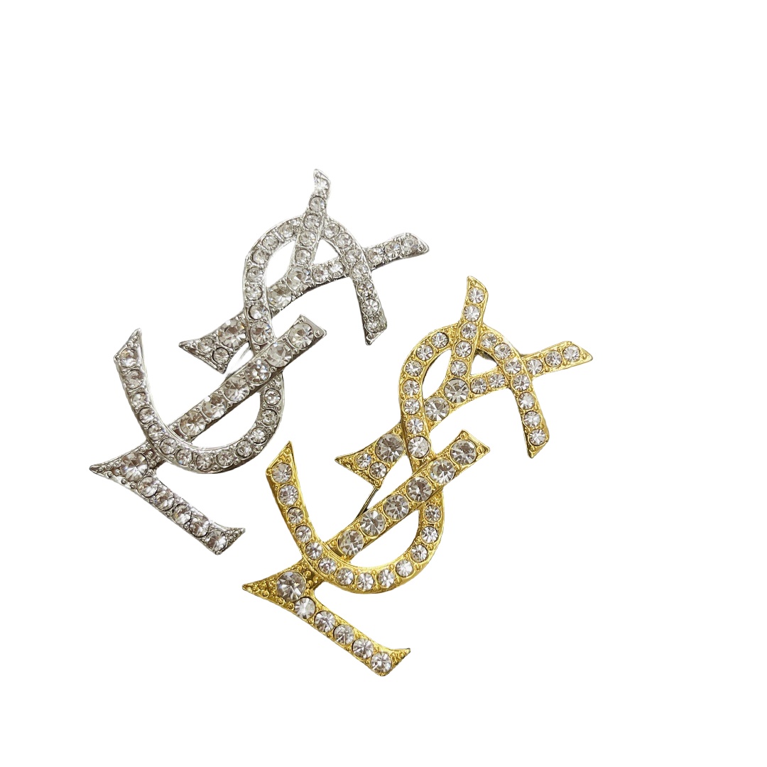 BYB050 YVES LSY LOGO Brooch pin in metal and rhinestone - ccjewelryacc